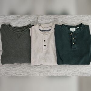 Set of Three Henley Shirts in Gray, Cream, and Dark Green